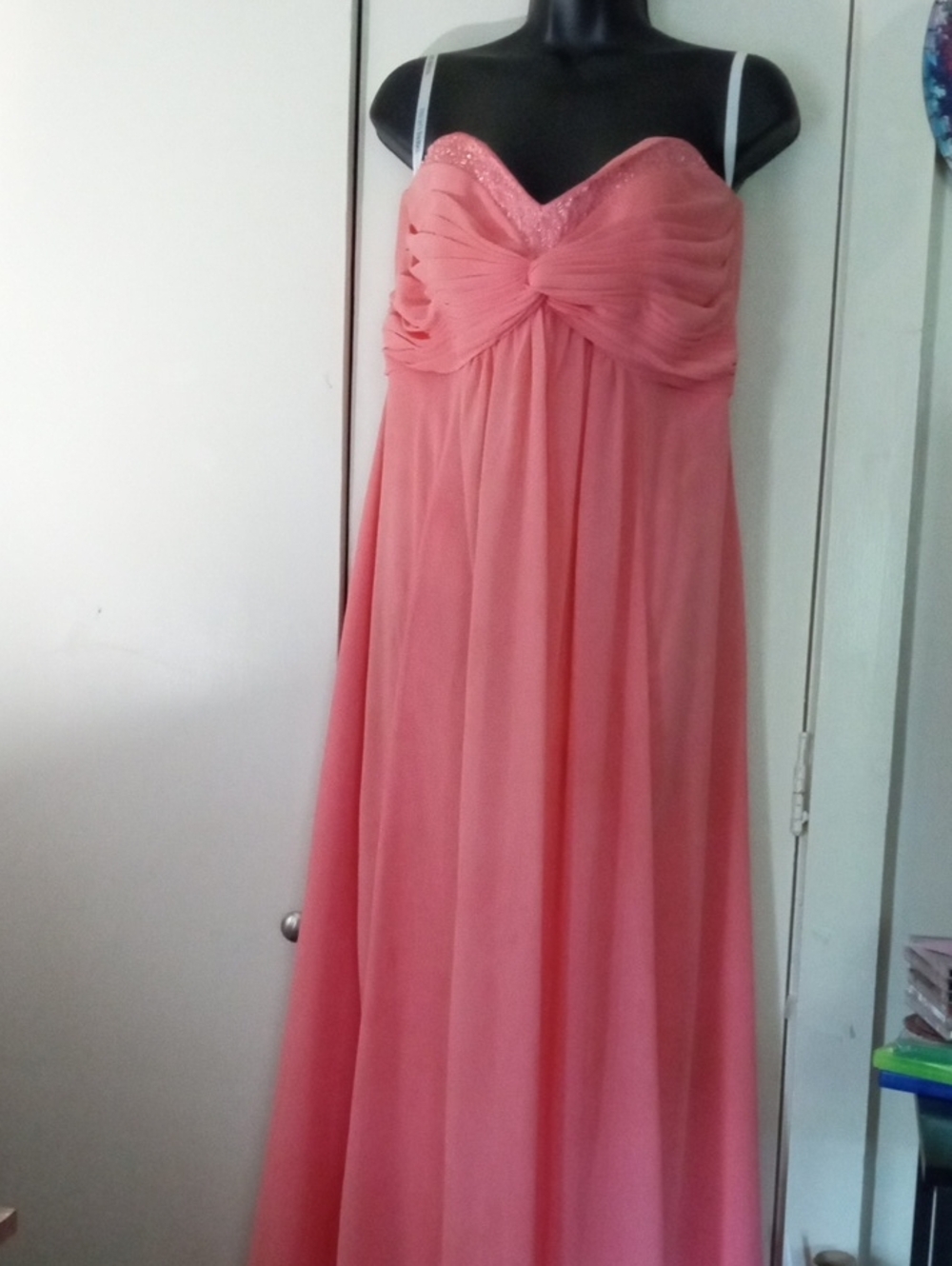 David's Bridal Coral Strapless Maxi Dress with Sweetheart Neckline Size 10